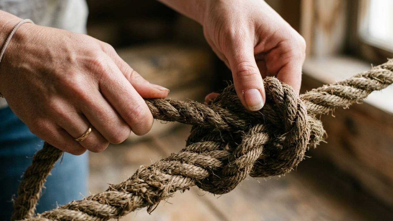 Hands untying a knot in rope